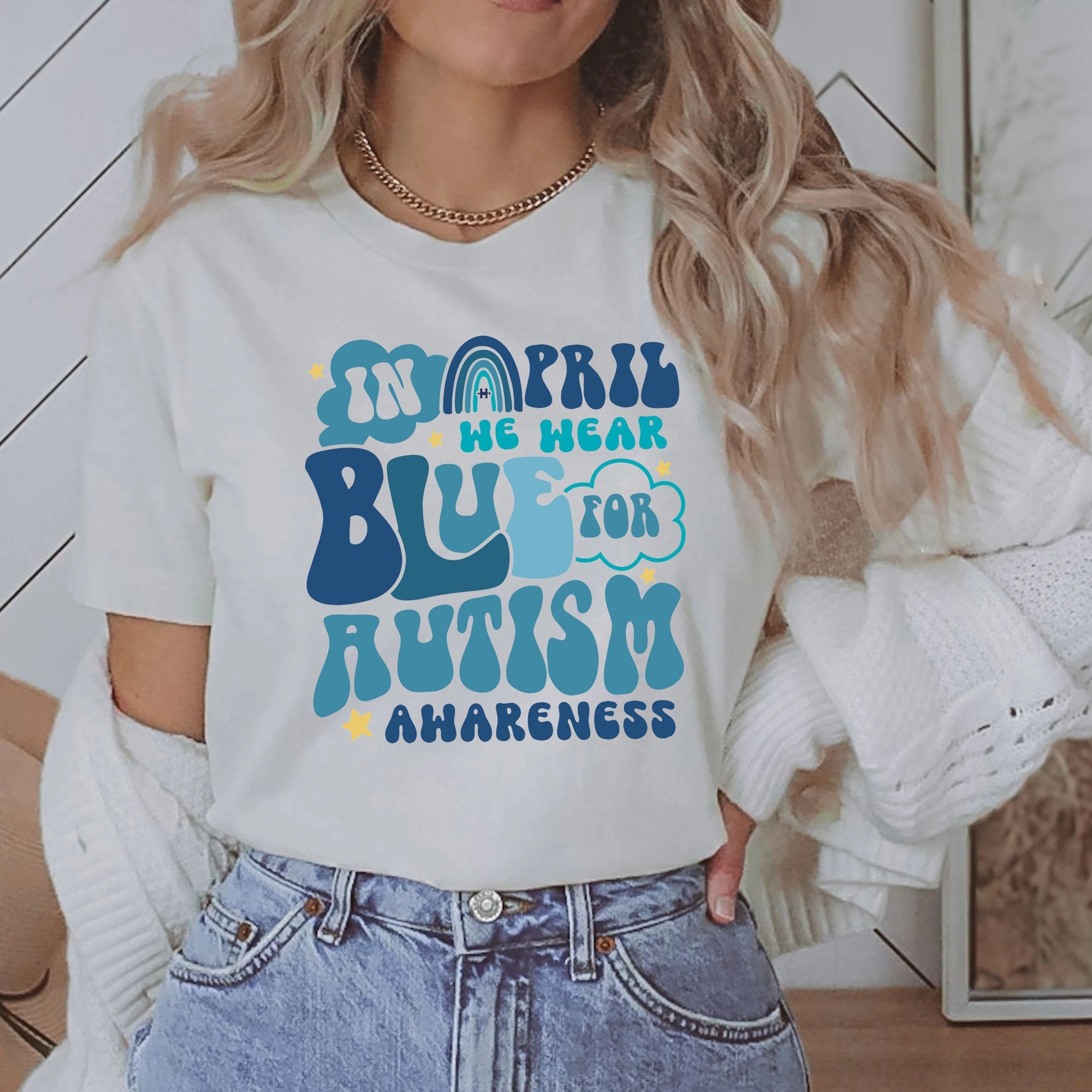 In April We Wear Blue for Autism Awareness Rainbow T Shirt In April We Wear Blue for Autism Awareness Rainbow T Shirt